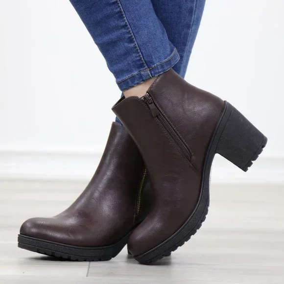 Brown Synthetic Leather Chunky Lug Block Heel Round Toe Ankle Boots - Picture 6 of 11